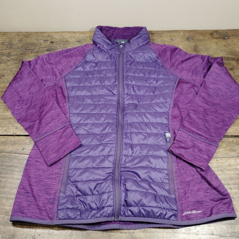 Eddie Bauer Womens Puffer Jacket Sz XL Mixed Media Zip Up Purple Primaloft
